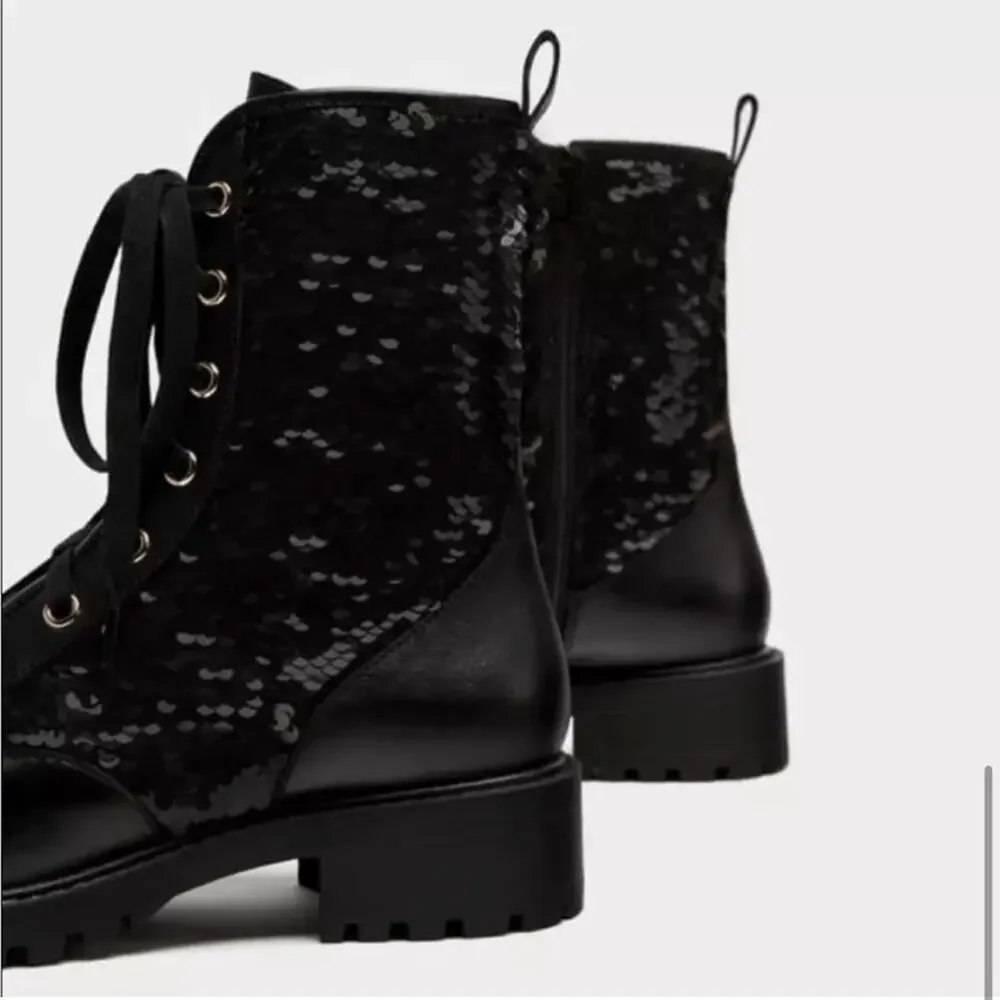 Zara Black Leather Sequined Lace Up Boots Size 6 US